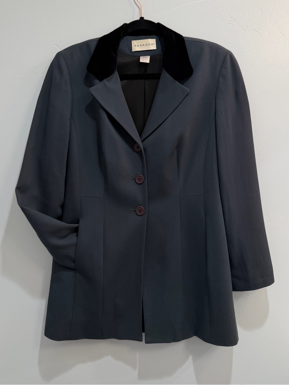 Vintage 90s Paradox Wool Longline Blazer Jacket Velvet Collar Slate Blue Size 8 - Picture 10 of 12